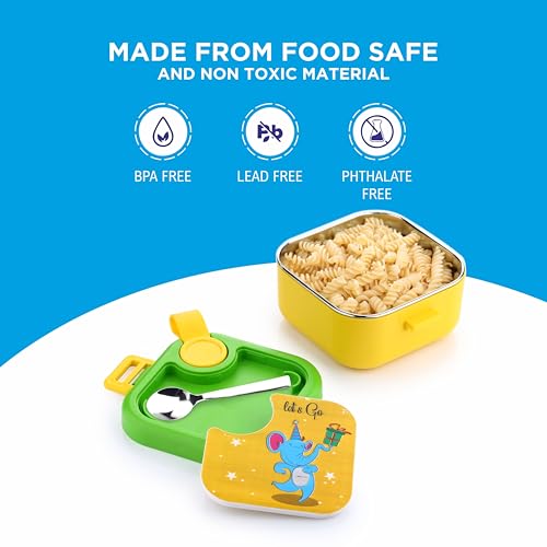 Image of Homeor Stainless Steel Box with Spoon, Tiffin Box for Kids, Airtight BPA Free & Leakproof Lunch Box, Steel Box for School Girls and Boys, Snacks Tiffin for Kids, 500 ML, Yellow & Green