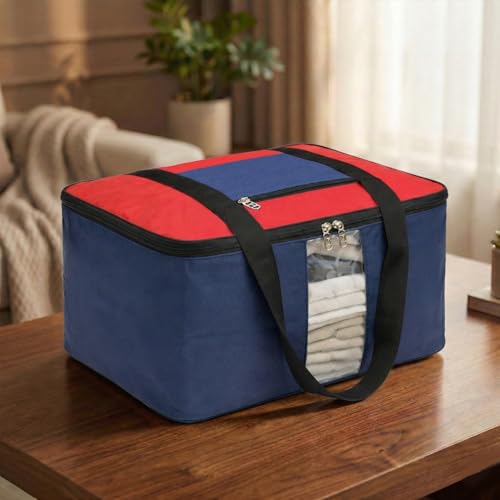 Image of EASY HOME 33 litre Under bed Storage Bags for Clothes | Cloth Storage Organizer with Zip Closure | Wardrobe Bag for Sarees & Blankets | Moisture Proof Nylon Cover Bag (Red & Black, Pack of 1)