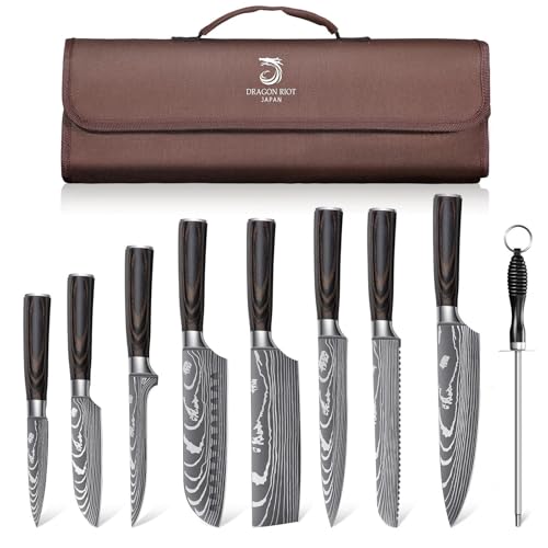 Dragon Roit Damascus Japanese Knife Set with Roll Bag