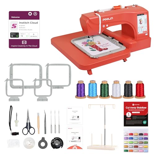 PooLin EOC06 Roja   Máquina de bordar, pantalla táctil, bordador digital, letras y patrones, máquina embroidery, para personalizar camisetas, polos, chaquetas, camisas, bolsos, toallas y más