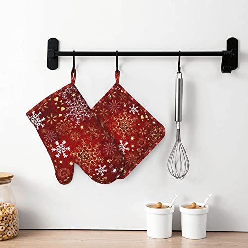 Red Christmas Snowflake Printed Oven Mitts And Pot Holders Sets Non-Slip Anti-Scalding Glove Mitt For Cooking Kitchen Mitt Potholders 2 Piece Set #TOP6