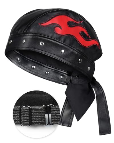 Hachapy Womens Leather Biker Hat Adjustable Strap Skull Cap for Riding Red