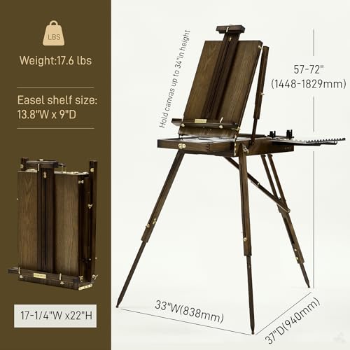 ATWORTH French Easel for Painting, Deluxe Beech Wooden Field & Studio Sketchbox Easel Stand with Metal Side Tray, Portable& Easy Transport for Painting Outdoor, Holds Canvas up to 34"- Gray Walnut
