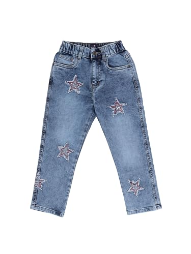 Image of KiddoPanti Girls Full Length Frayed Star Patch Washed Denim Jeans with Elasticated Waistband