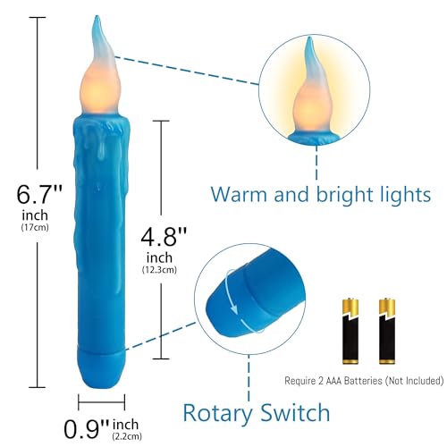 Image of Magical Candlesticks Flameless Taper Candle, 4pcs Real Wax LED Tapered Candles Remote Dipped Candle 6inch Battery Chandelier for Enchanting Weddings and Harry Potter Inspired Vigils(Blue)