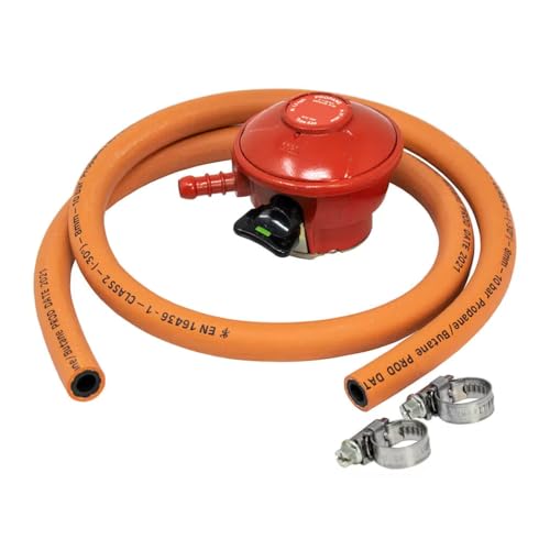 JD Brands Patio Gas Regulator 27mm Clip On with 2m Hose & 2 Clips Compatible with Calor & Flogas Propane Tanks for BBQs Heaters & Outdoor Equipment