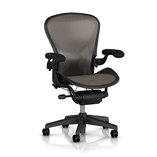 Herman Miller Aeron Chair Highly Adjustable with PostureFit Lumbar Support and Black Leather Arms - Large Size (C) Graphite Dark Frame, Classic Lead Pellicle Mesh Home Office Desk Task Chair