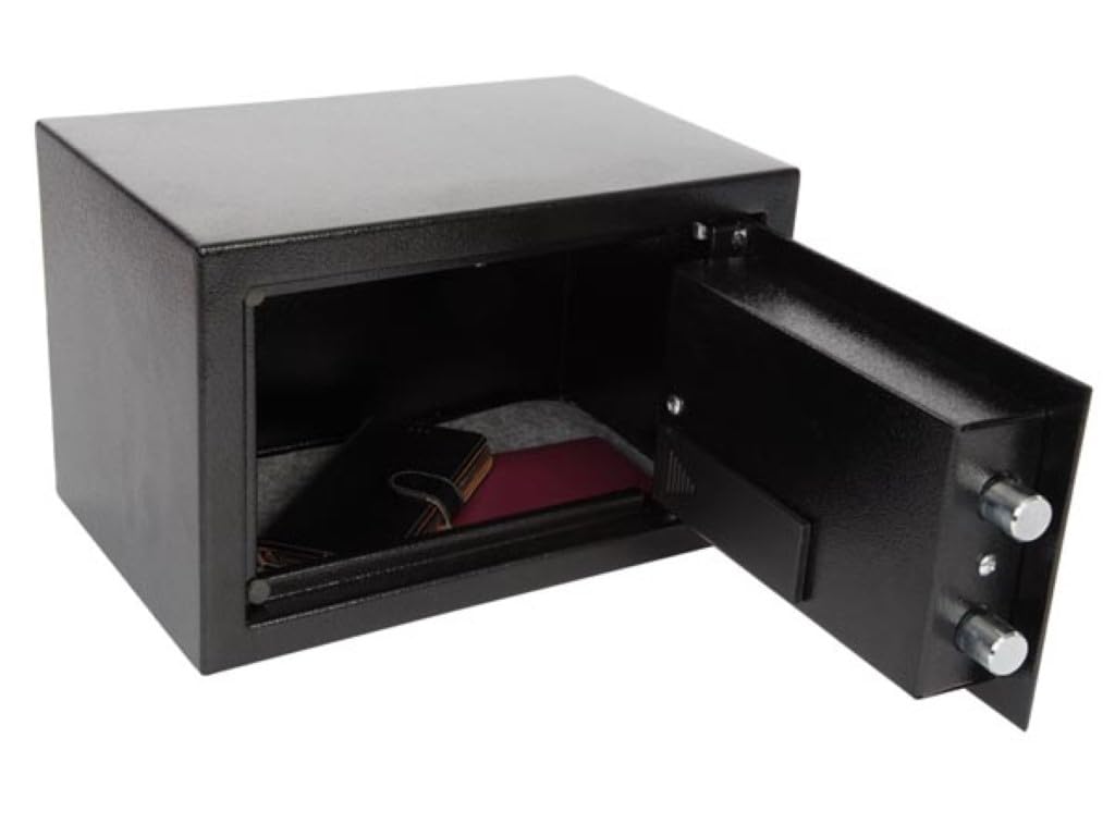 Perel Caja fuerte electrónica con código digital y llave de emergencia, caja de seguridad de acero espaciosa con interior acolchado, mini caja para joyas, documentos y dinero, 20x31x20 cm
