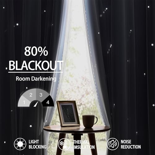 Image of XiDi Blackout Short Curtain 2 Panels for Kitchen Cafe Light Blue Cut Out Hollow Star Curtains for Bedroom Girls Kids W42 x L45 Thermal Insulated Grommet Top Thermal Insulated Window Treatments 34x54