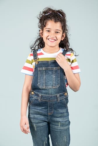 Image of Tweeny Mini Girls Pure Cotton Denim Dungaree for Kids | Relaxed Fit Full Length Overall Outfit with Pockets | Adjustable Straps