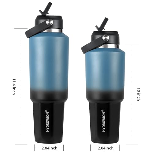 Image of HYDROWION 40 oz Insulated Water Bottle, Car Water Bottle Holder - Double Wall Vacuum Insulated Travel Bottle with Straw Lid, Spout Lid and Flex Cap - Cold for 24H, Hot for 12H, Blue - Black