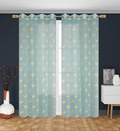 Image of IVAZA Polyester Semi-Transparent Leaf Embroidered Curtain ? Sheer Voile Panel with Eyelets ? Lightweight & Airy ? Ideal for Living Room, Bedroom, Balcony Door- 7 Feet (Pack of 2) Firozi