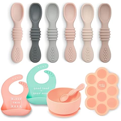 Simka Rose Starting Solids Foodie Gift Pack - Silicone Baby Spoons, Soft Bibs, Baby Food Freezer Tray & Suction Bowl and Spoon set - Baby Necessities Must Have First Time Mom Cover