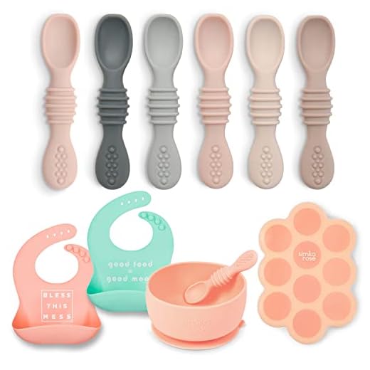 Simka Rose Starting Solids Foodie Gift Pack - Silicone Baby Spoons, Soft Bibs, Baby Food Freezer Tray & Suction Bowl and Spoon set - Baby Necessities Must Have First Time Mom