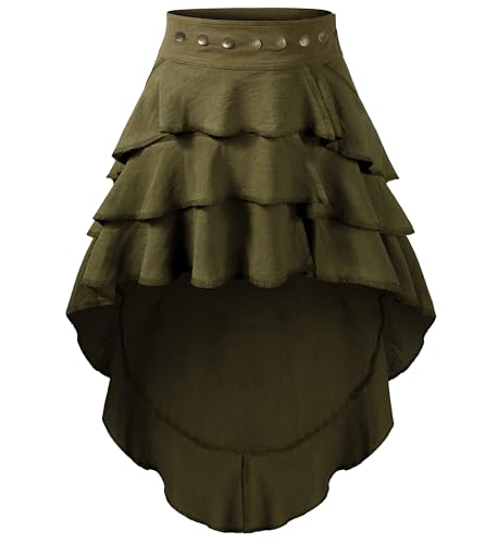 HADOLLWELL Women Steampunk Victorian Gothic Costume High-Low Ruffled Skirt Halloween Party Cosplay Army Green