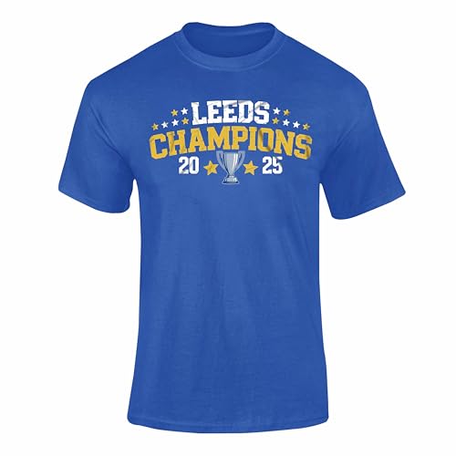 Image of Leeds Champions 2025 T Shirt – Adult Kids Football Winner Graphic Tee, Trophy and Star Celebration Shirt - Black XX-Large