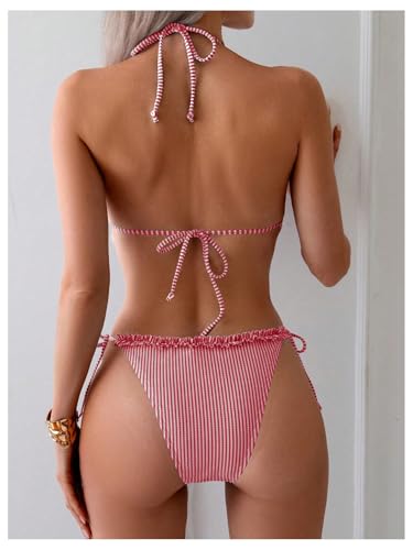 OYOANGLE Women's 2 Piece Bikini Set Striped Frilly Trim Halter Swimsuit Backless Tie Side Bathing Suits2