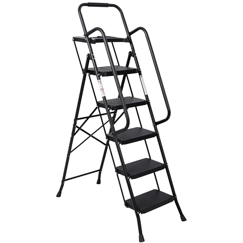5-Step Ladder with Tool Tray, 65-Inch Steel Folding Stepstool, Anti-Slip Platforms, Black Safety Handrails, Portable Design