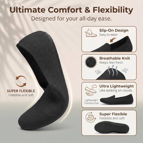 Image of Puxowe Women's Ballet Flats Breathable Knit Slip On Comfortable Round Toe Walking Shoes with Arch Support Insole for Work