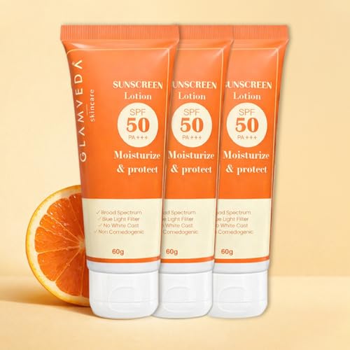 Image of Glamveda Hybrid Sunscreen Lotion Spf 50 PA+++ for Moisturize & Protect (Pack Of 3) 180 ml | Transparent & Ultra-lightweight Sunscreen | Non-Greasy, Quick-Absorbing | Zero White Cast | For Women & Men