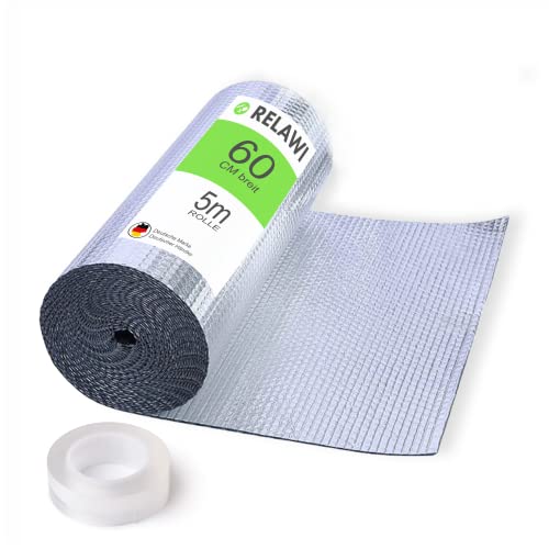 RELAWI® Premium Isolierfolie Dämmfolie 5m x 60cm inkl. Klebestreifen | Doppelte Alu-Luftpolsterfolie perfekte Heizkörper Reflektionsfolie Cover