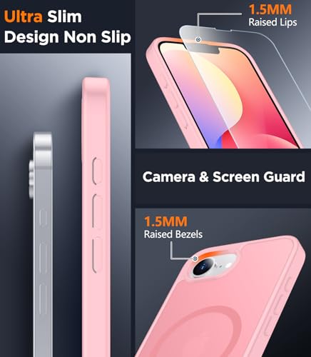 Carcasa iPhone 16e magnética rosa translúcida con protector pantalla antiarañazos 6