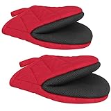 Short Oven Mitts, Heat Resistant 500°F, Silicone Grip Kitchen Gloves, Non-Slip for Baking, Grilling, BBQ, Machine Washable with Hanging Loop, 2-Pack Set, Red
