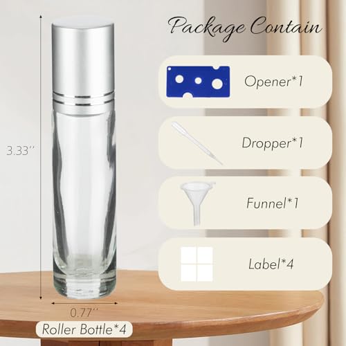 10ML Essential Oil Roller Bottles, 4 Pack Clear Silver Oil Roller Bottles for Essential Oils, Roll on Bottle with Stainless Steel Balls(4 Labels, Opener, Funnel, Dropper Included)2