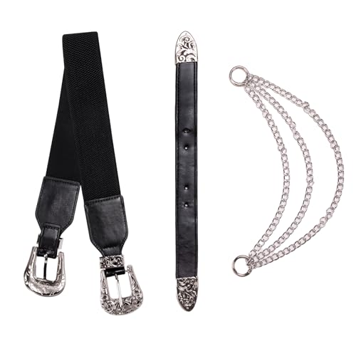 Image of Dubulle Womens Belt Chain Leather Belts Vintage Western Adjustable Elastic Double Buckle for Cowboy Pant Dress
