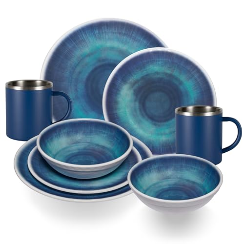 Jesolo Set de vaisselle en mélamine pour 2 personnes, 8 pièces, avec tasses thermiques en acier inoxydable, aspect faïence, passe au lave-vaisselle, vaisselle de camping, camping, festival