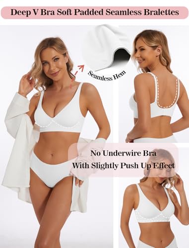 Image of Deep V Bra Wireless Sexy Push Up Bralette Padded Seamless Jelly Bra | Low Cut Plunge V-Neck, Wide Straps, Back Smoothing, Bras for Women No Underwire, Soft Comfortable Bralettes