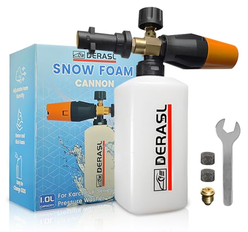 DERASL Cañón de Espuma 1L Compatible con Karcher K2-K7, Lanza de Espuma de Nieve con Boquilla Adjustable, 1.1mm Orificio Adicional y Filtro de Malla