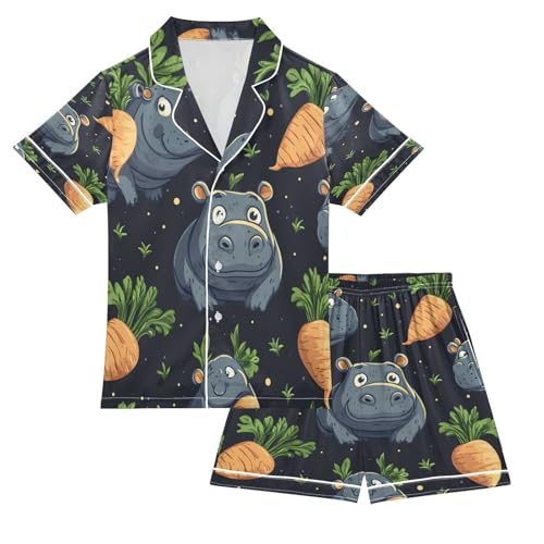 Satin Pajama Sets Short Sleeve Cute Cartoon Hippo with Carrots Button Down Silky Nightwear 2 Piece PJS 5-14Y