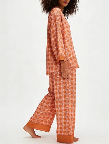 Image of Women Satin Pajama Set Floral Silk Pajamas 2 Piece Lounge Sets Button Down Shirts Wide Leg Pants Pjs Sleepwear