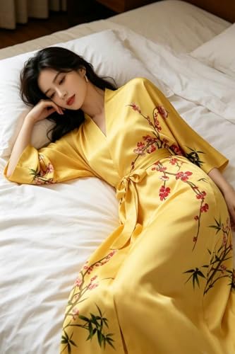 Image of Women's Classic 100% Silk Kimono Robe, Bathrobe-Printed Pattern