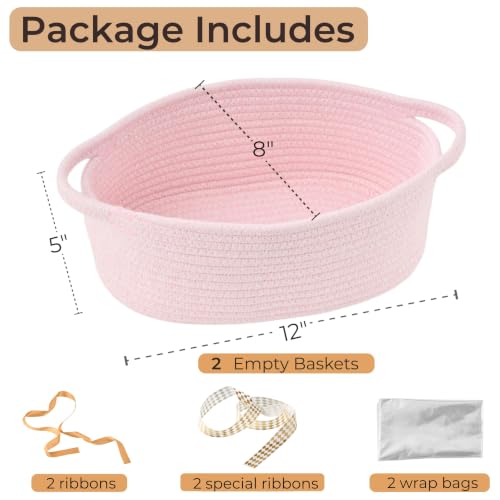 Image of 2 Pack Small Woven Gift Basket Empty with Bag & Ribbon - Gifts for Mom, Baby Shower, Birthdays & Raffle - Cotton Rope Storage Basket for Dog Toys or Shelf - 12 inchx8 inchx5 inch, Pink