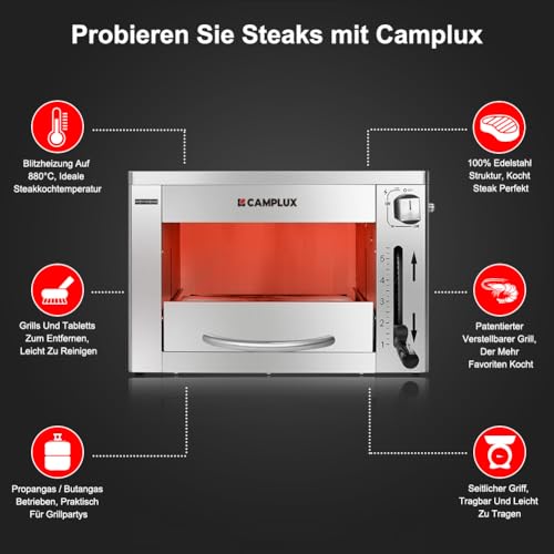 CAMPLUX SG102 Tragbar Oberhitze Gasgrill 3,2kW, Hochleistungs Steakgrill aus Edelstahl, 880°C...