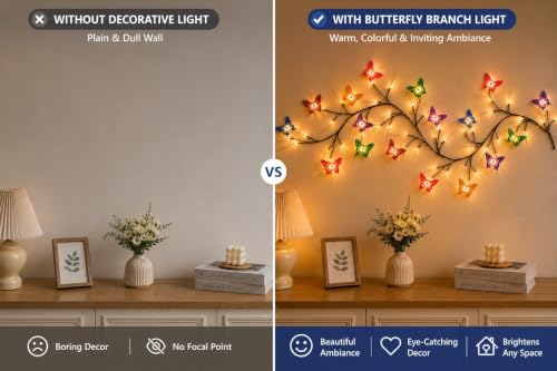 Image of P SEVEN Cherry Blossom LED String Lights, Butterfly Vine Wall LED Decor with Remote Control, USB Powered, DIY Indoor Decoration Illuminated Artificial Twig Garland(Butterfly LED Wall Decor Lights)