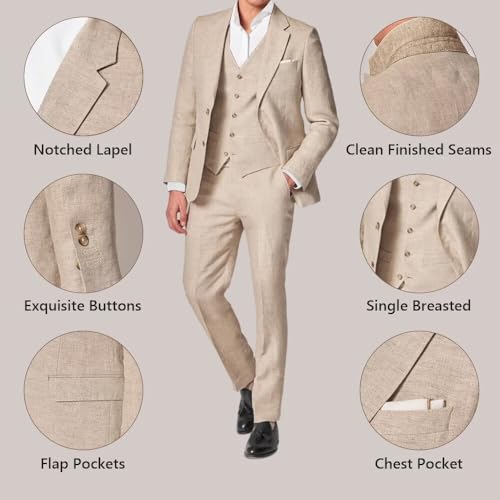 3 Piece Summer Linen Suits for Men, Men's Slim Fit Suit Set Two Buttons Casual Solid Blazers Vest Pants Set for Wedding Party, Beige, XL2