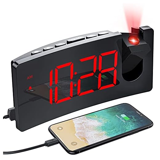 Projection Alarm Clock, WELLBOX Projection Clocks with 4 Dimmer and USB Phone Charger, 180° Rotable, Easy to Use, 5'' LED Curved Screen with Clear Big Red Digit, Mains Powered Only, 12/24H, Snooze