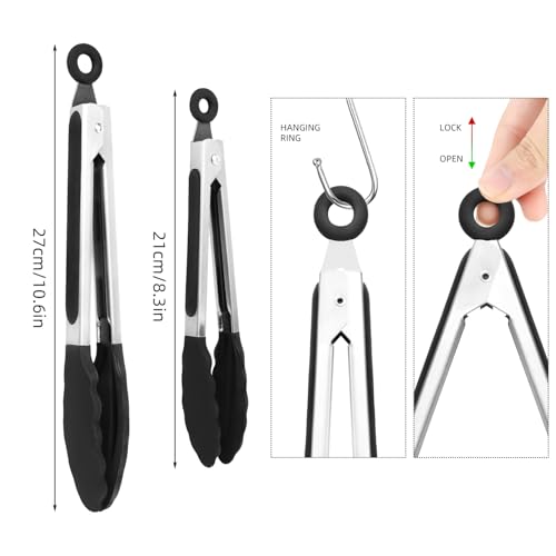 2 Pezzi Pinze da Cucina,Pinza Acciaio Inoxe Silicone,Pinze da Cucina Professionali per Barbecue,Pasta,Bistecca,Cottura al Forno(7 e 9 Pollici,Nero) - immagine 3