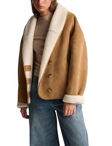 Yeokou Women Suede Jacket Sherpa Lined Casual Button Down Coat Baggy Lapel Warm Winter Outwear with Pockets
