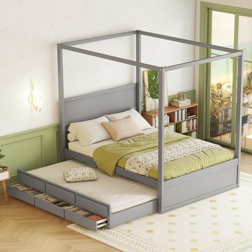 Cama con dosel de 140 x 200 cm, con somier, cama nido, 3 cajones y cajón, color gris – Sencilla, práctica y acogedora