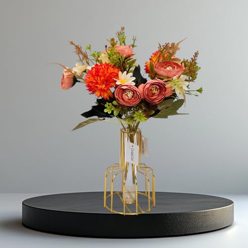 Image of CURATED CART Artificial Flowers 2 Bunches - 9 Mixed Flower Heads Each - Roses, Daisies & Chrysanthemums - Faux Flowers for Vases, Home Decor, Office, Parties (Orange) (No Vase)