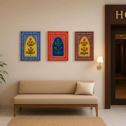 Image of SHREE 'O' GREEN TECH Set Of 3 Handcrafted Wooden Unique Jharokha Wall Hanging Multicolor Rajasthani Window Frame for Home, Living Room, Bedroom & Office Decor (9x15 Inch)