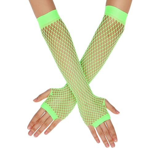 Guantes Rejilla Malla Verde Fluorescente Guantes Largos Sin Dedos Manga de Red de los Años 80 Fiesta Temática de Disfraces Guantes de Red Encaje Suministros de Accesorios de Cosplay de Halloween