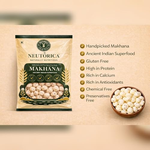 Image of NEUTORICA | Premium 100% Handpicked Raw Makhana | Ancient Superfood | Farmer-Sourced | Healthy Snacks | Natural | Gluten-Free | High Protein | Rich in Calcium & Antioxidants | Chemicals Free (150gm) | Clean handpicked with zero black shell |