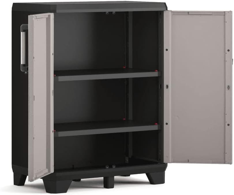 Keter Pro Low Storage Cabinet with doors open, showing two adjustable shelves