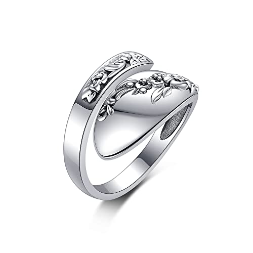 HUKKUN Thumb Ring Sterling Silver Victorian Flower Spoon Ring for Women Adjustable Chunky Rings