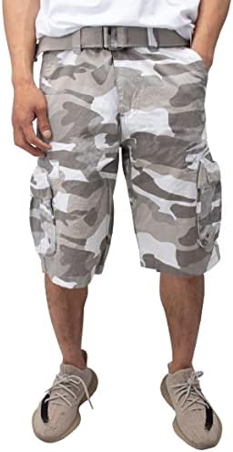 RAW X Mens Belted Cargo Shorts Relaxed Fit Casual Tactical Knee Length Cargo Shorts for Men, Hidden Snap Pocket - White Camo, 34